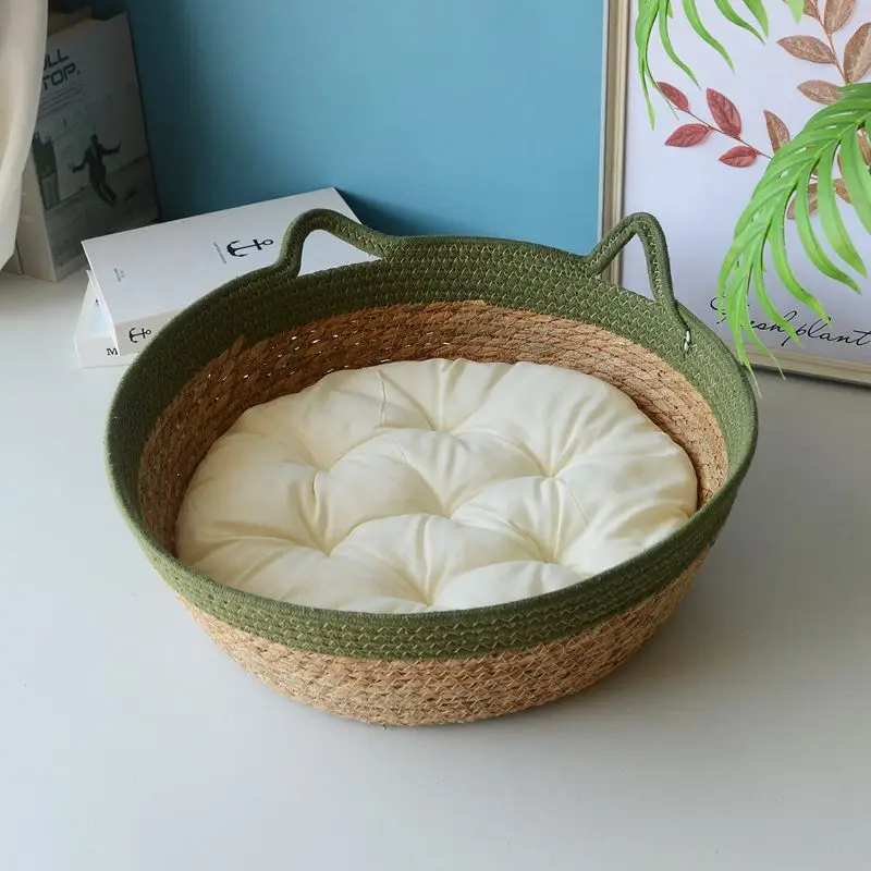 OUZEY Rotan Geweven Kattenmand Met Kussen Zacht Warm Comfortabel Slaapmand Voor Katten Vier Seizoenen Puppy Kitten Bed