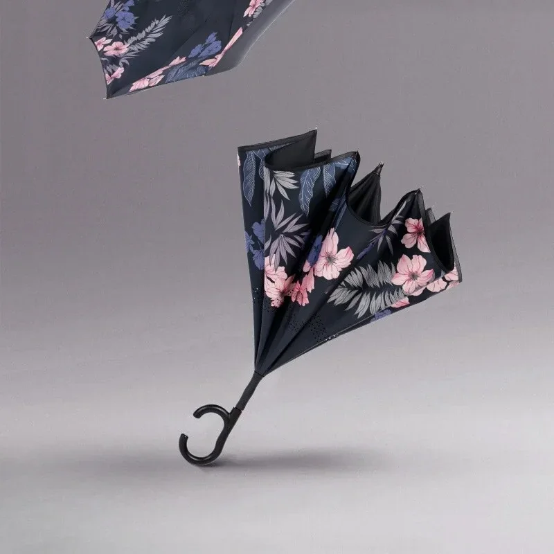 Automatic Reverse Long Handle Umbrella Double Layer Storm Resistant Rain Umbrella for Women Car Travel Commute Daily Use 역방향 장우산