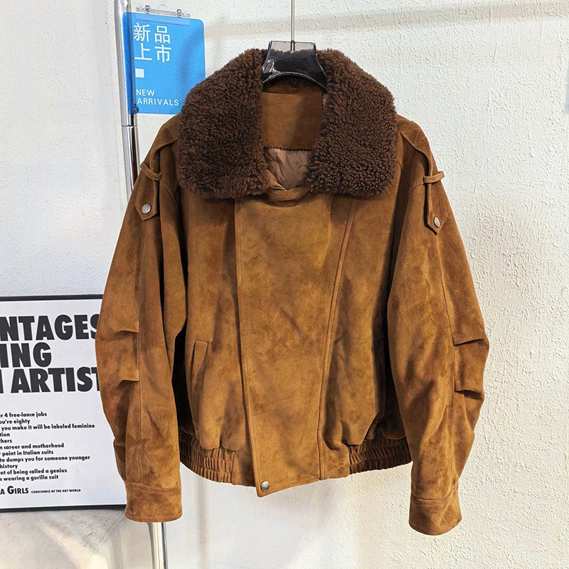ملابس الشتاء امرأة القهوة/الكراميل الرجعية التلبيب سستة الصوف طوق فضفاض موضة جلد الغنم سترة من جلد الغزال أوزة أسفل معطف الإناث #3