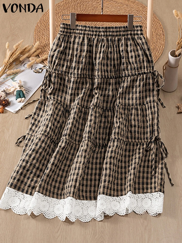 VONDA 2025 Women Lace Patchwork Skirts Casual Plaid Prnted Bottoms Loose Bohemian Holiday Lace-up A-Line Overskirts Oversized