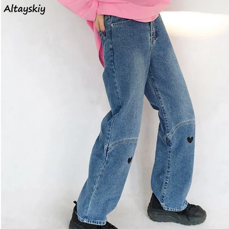 

Women Baggy Jeans Mopping Heart-printed Harajuku S-3XL High Street Casual Bf Hip-hop Designed Vintage All-match Empire Waist New