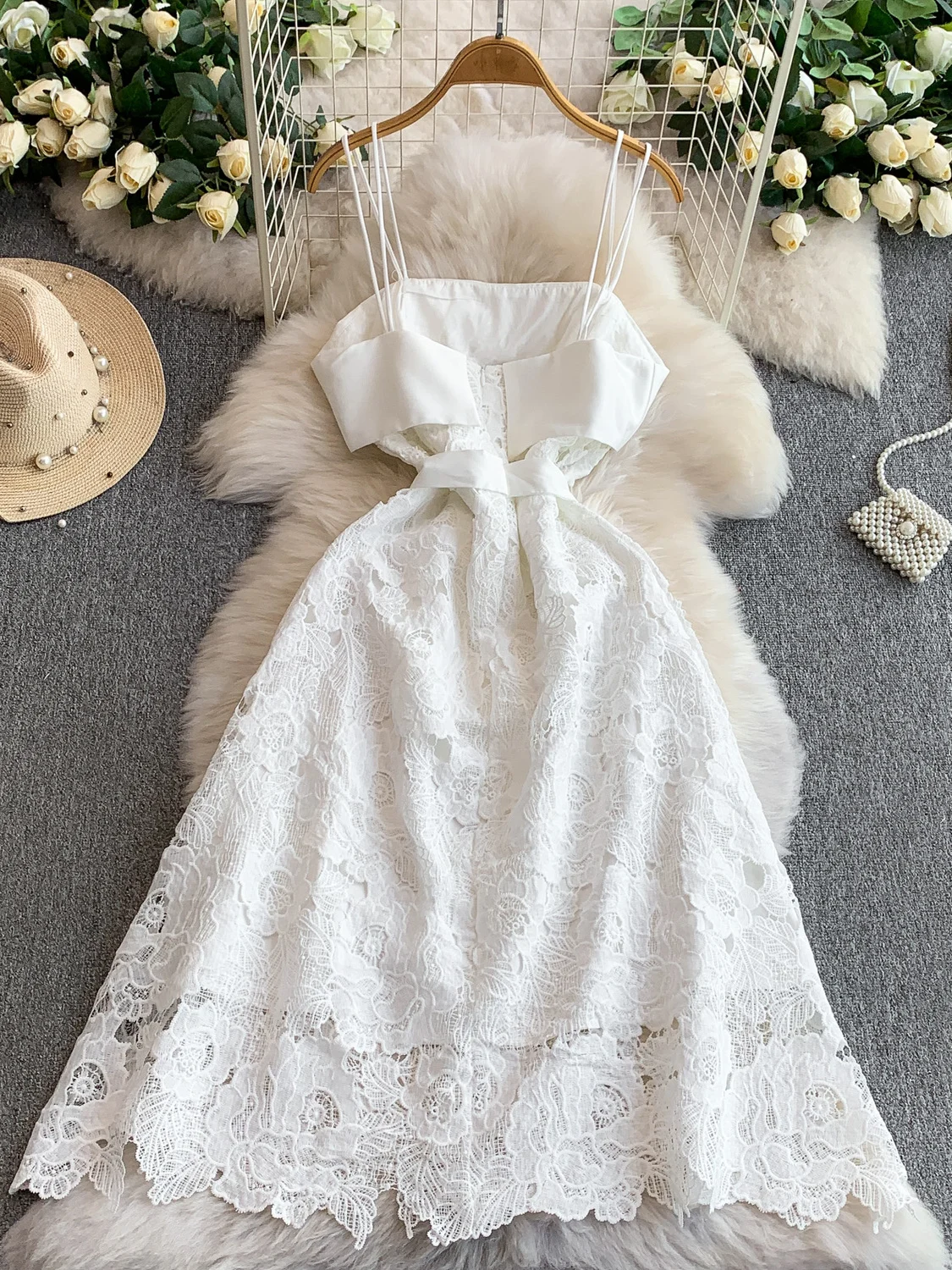 エレヘビーウェイト水溶性レースパッチワークシルクサテンストラップガウンレディースベルト付きウエストスリムロングドレス