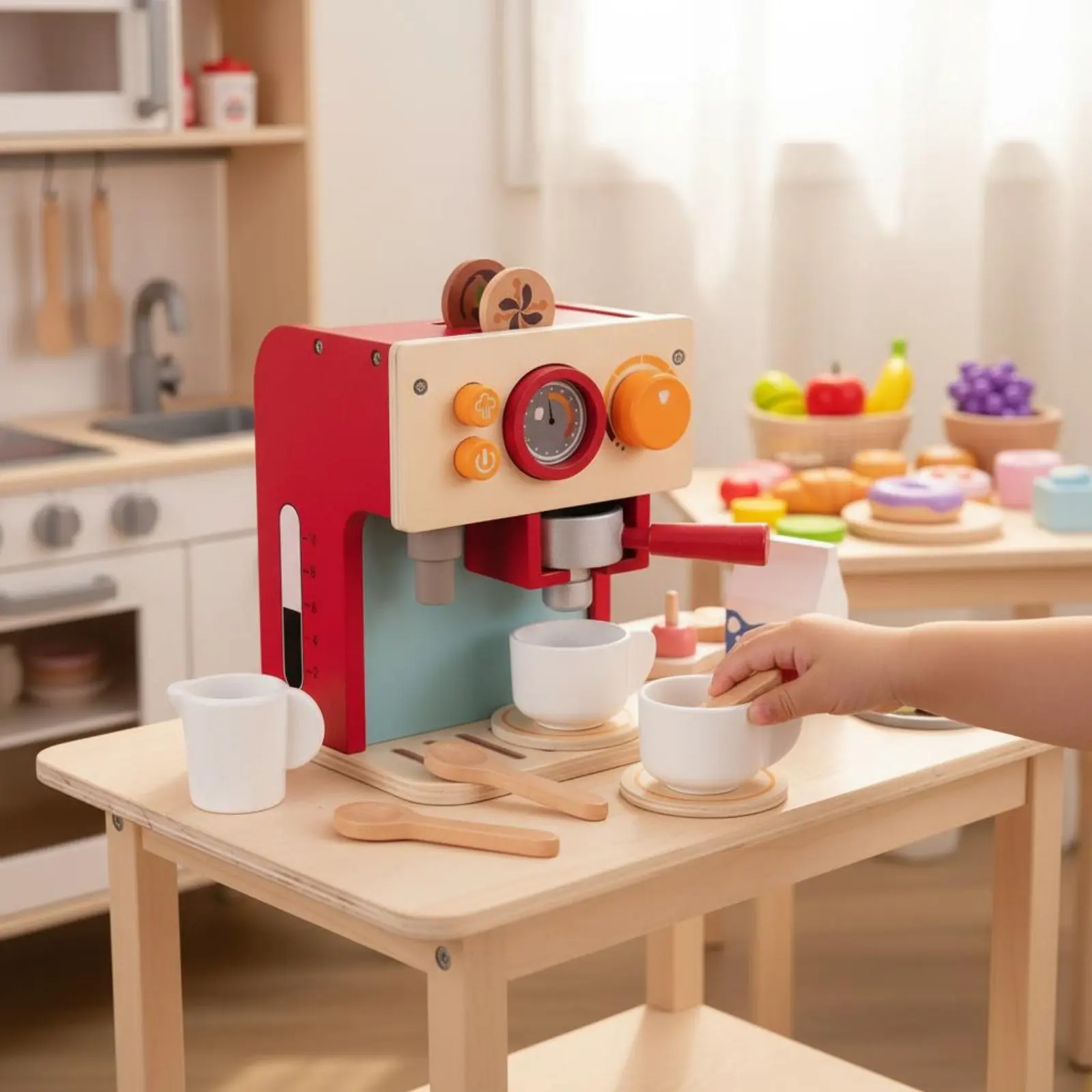 

Play Coffee Set Retro Design Kids Play Espresso Machine Coffee Server Playset Interactive Features for Young Children