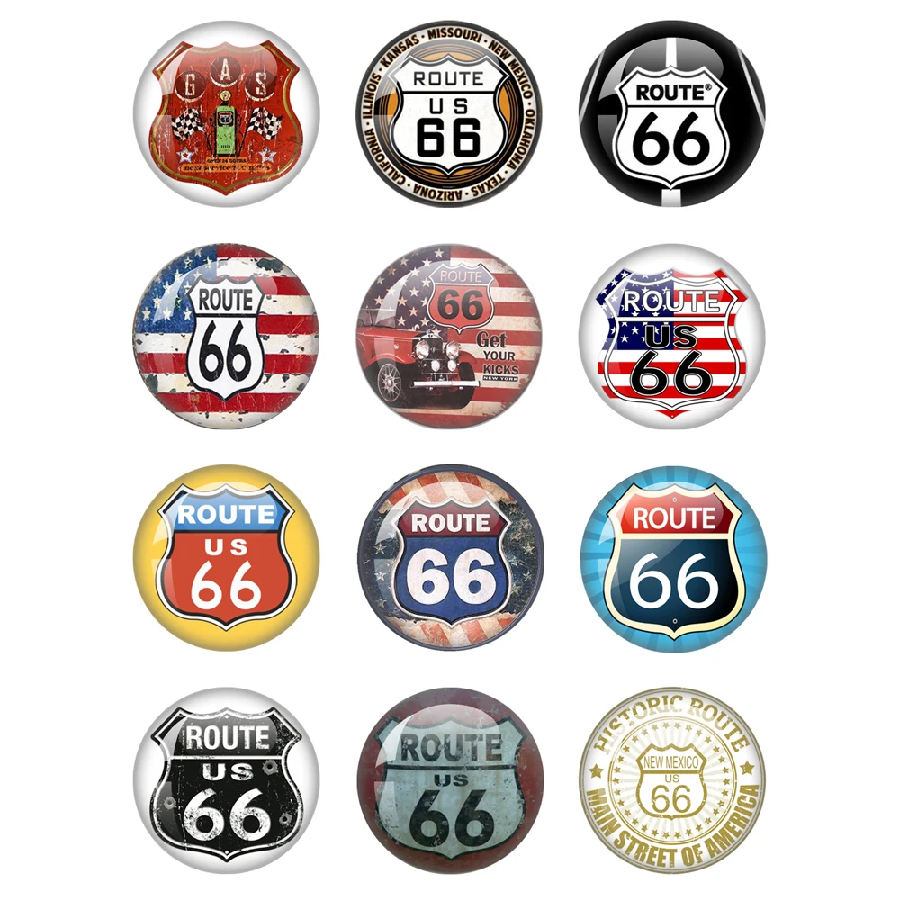 New Route 66 Motorcycle Car 12mm/18mm/20mm/25mm Round Photo Glass Boss Demo Flat Back Production Result Photo Jewelry