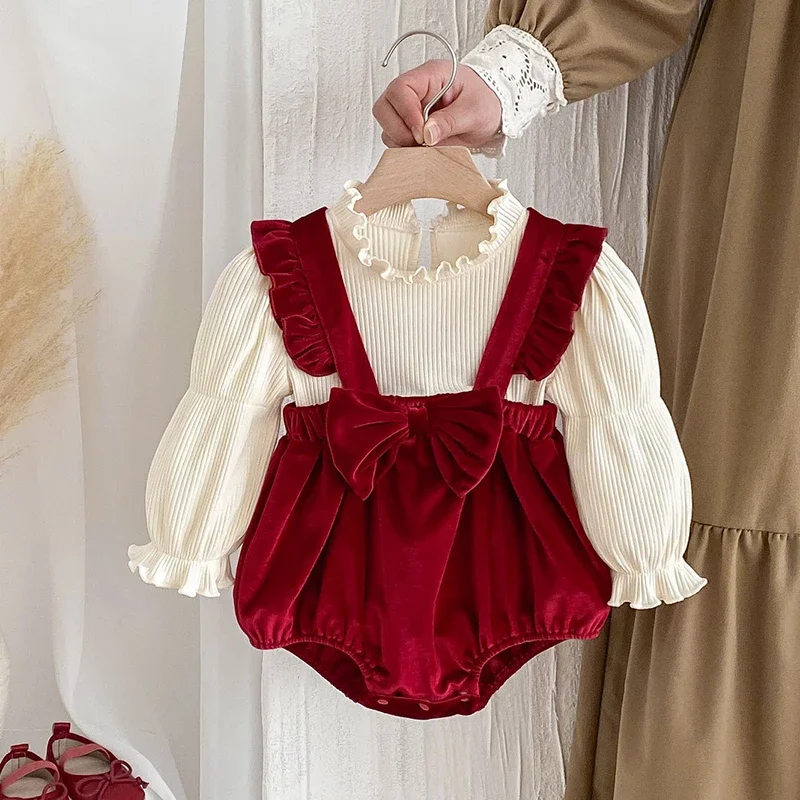 

2025 New Autumn Christmas Infant Baby Girls Jumpsuit Long Sleeved Splicing Korean Style Climbing Suit 0-24M Children Clothes