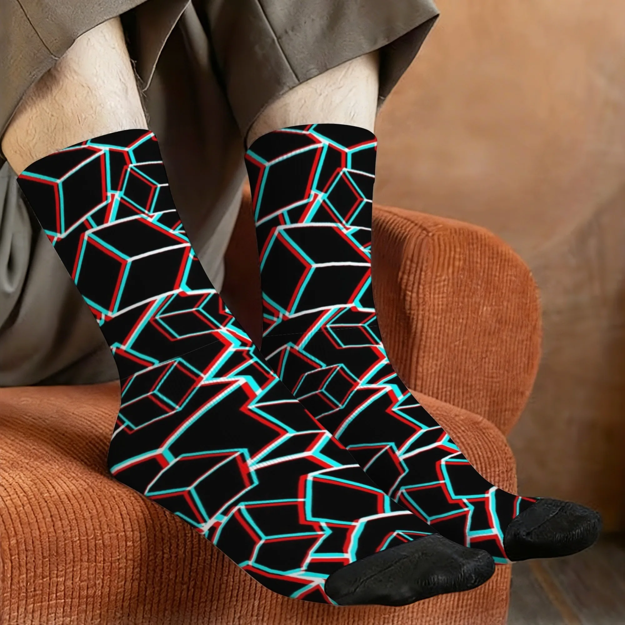 Novel Harajuku Retro Cyber Fault Crack Pattern Crew Socks Black Base Color Block Mid-Calf Socks Edgy Casual Wear