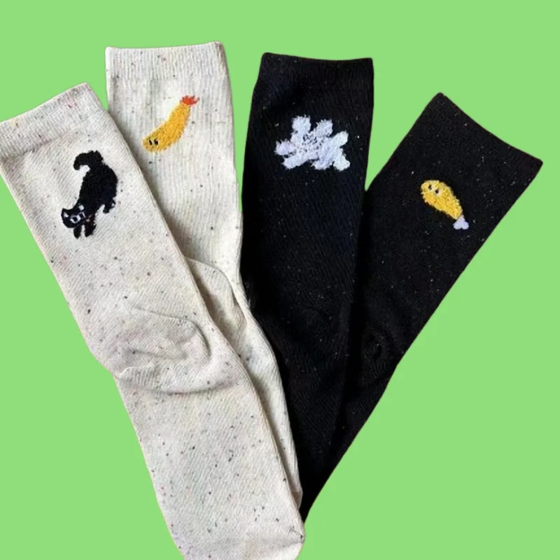 3/6 Pairs 2024 New Cute Cartoon Kitten Cute Illustration High Heel Flocking Colorful Dot Mid-tube Socks Breathable Casual Socks