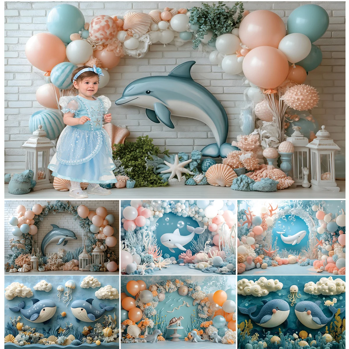 

Fantasy Underwater World Photography Backdrop Ocean Dolphin Whale Arch Balloon Baby Shower Birthday Party Photo Background Decor