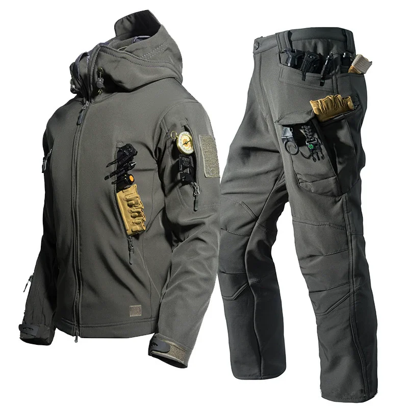 New Soft Shell Tactical Jacket Men Winter Fleece Hooded Coat Hunting Pants Outdoor Camouflage CS Tops Waterproof Windproof - view 6