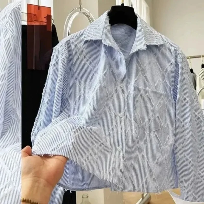 Loose Blue Long-sleeved Women's Striped Design Shirt Unique Top New Casual Commuting All-match Top