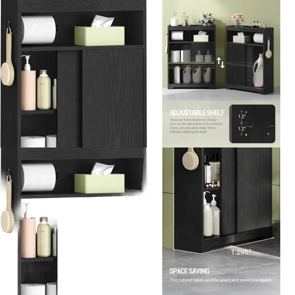 

Compact Black Bathroom Storage Cabinet with Sliding Door and Toilet Paper Holder for Small Spaces