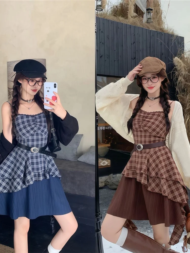 

Faionable plus Size Women's Clothing Set with Open Cardigan Waist Cinching Asymmetrical Plaid Dr Two-Piece Set