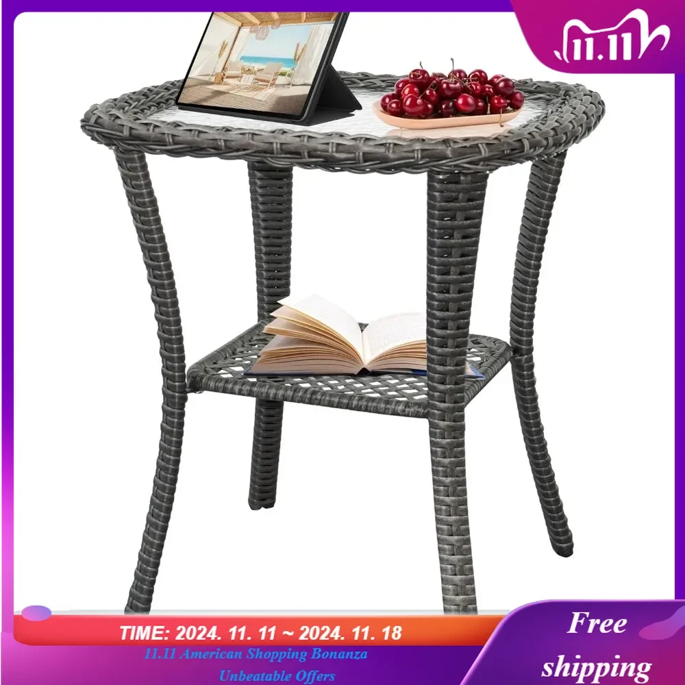 Outdoor Side Table for Patio，All Weather Resin Rattan Patio Glass Coffee Tabl, for Garden Backyard Pool Indoor Companion