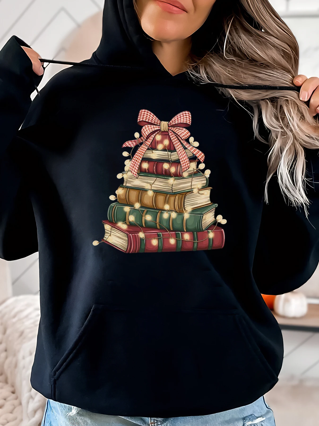 Book Stack Kerstboom Vakantie Hoodie Dames Vrijetijdskleding Gezellige outfit Zwart Plus-maat