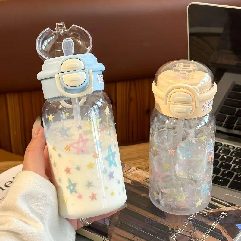 600ml Star Water Bottle Tumbler with Bowknot Cute Plastic Cup Straw Lid Portable for Ice Coffee Juice Tea