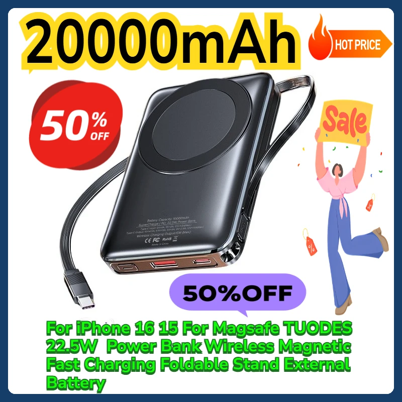 

For iPhone 16 15 For Magsafe TUODES 22.5W 20000mAh Power Bank Wireless Magnetic Fast Charging Foldable Stand External Battery