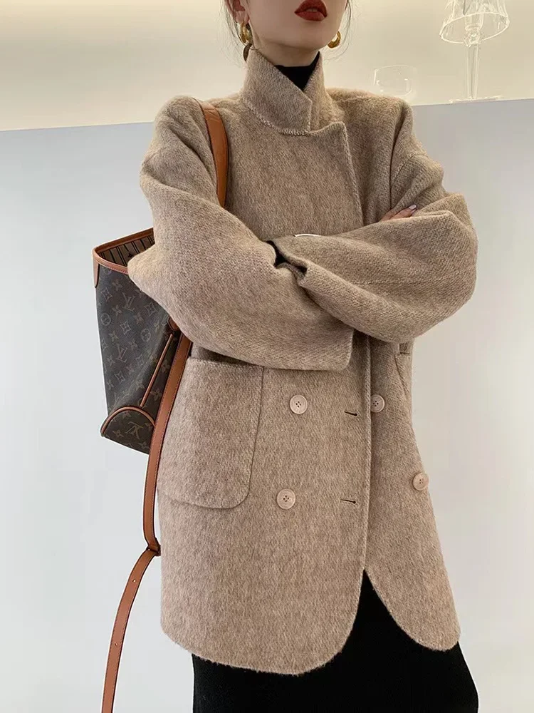 New Short Double-sided Wool Coat Women Fashion Simple Loose Double Breasted Lapel Cashmere Woolen Coat Female Fit Autumn Winter