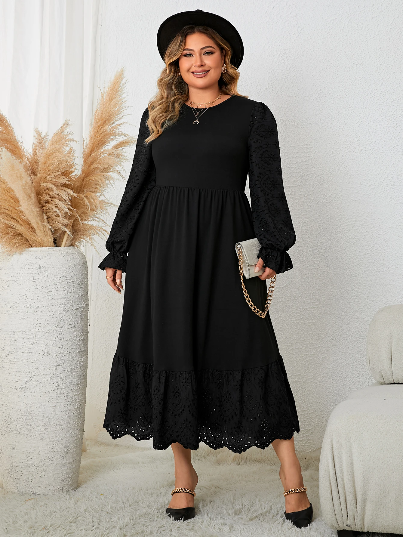 Black Elegant Women's Dresses Casual Hollow Puff Long Sleeve Plus Size Maxi Dress Lady Party Evening Clothing Large Size Dress