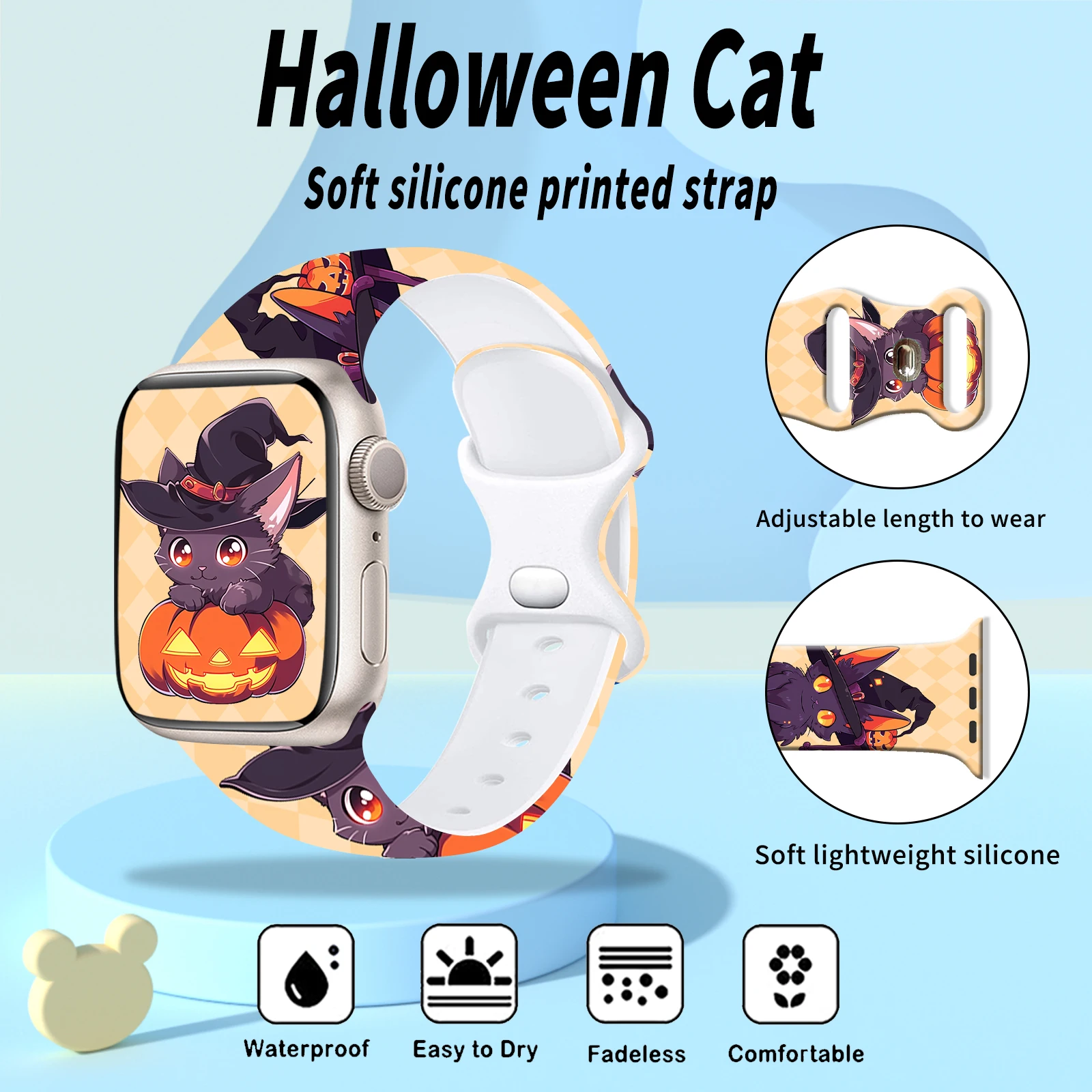 Cinturino stampato gatto di Halloween per Apple Watch 10 9 8 Bracciale sostituibile con cinturino in silicone per cinturino iWatch 46mm 44mm 42mm 41mm