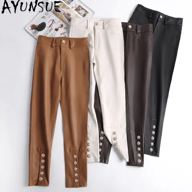 AYUNSUE Hohe Qualität Stretch Leder Hosen Frauen Hohe Taille Hosen Koreanische Mode Bleistift Hosen Hosen Ankle-länge Streetwear