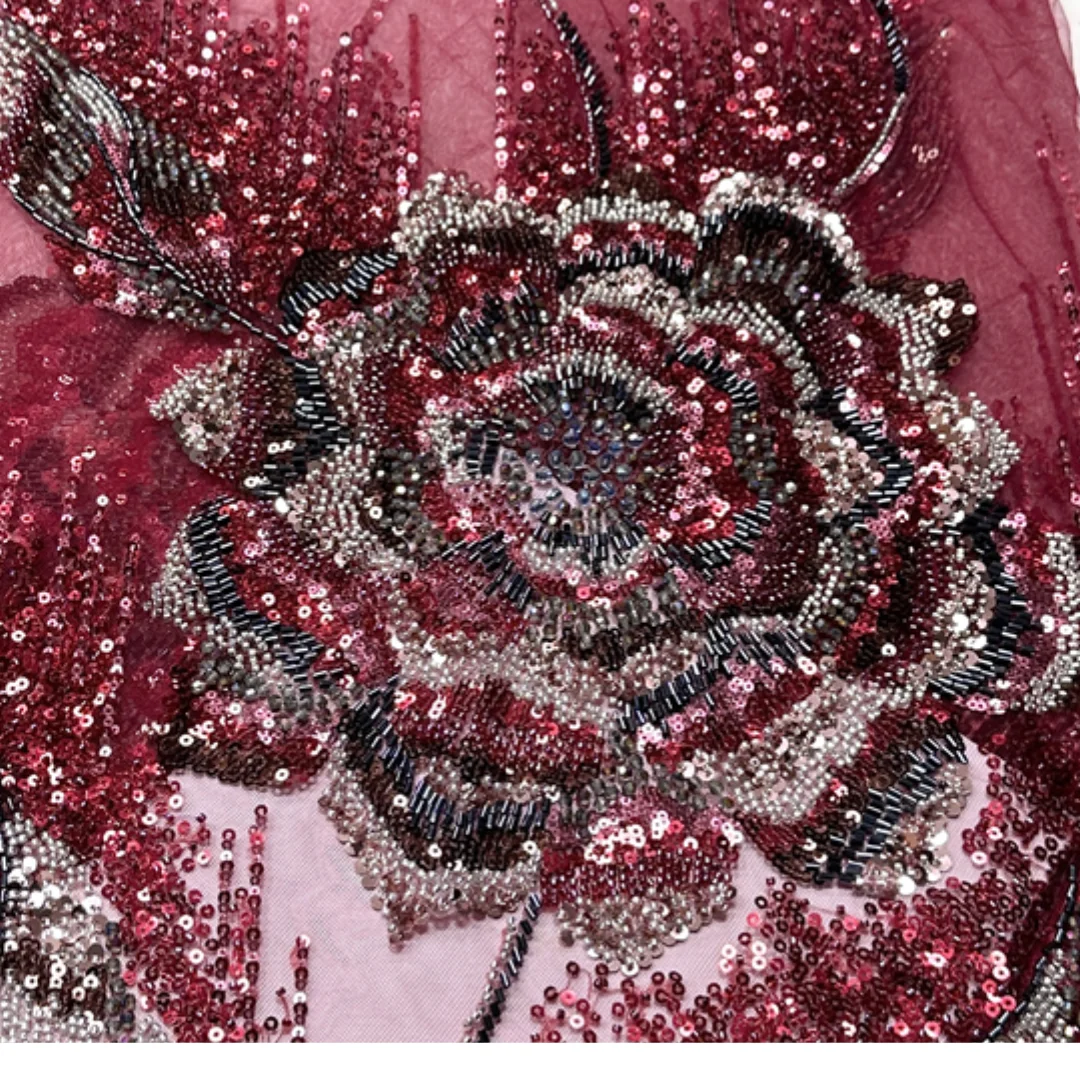 

Burgundy Rose Lace Fabric 1 Yard French Style Floral Embroidery Beaded Sequin Tulle High Quality African For Evening Party Dress