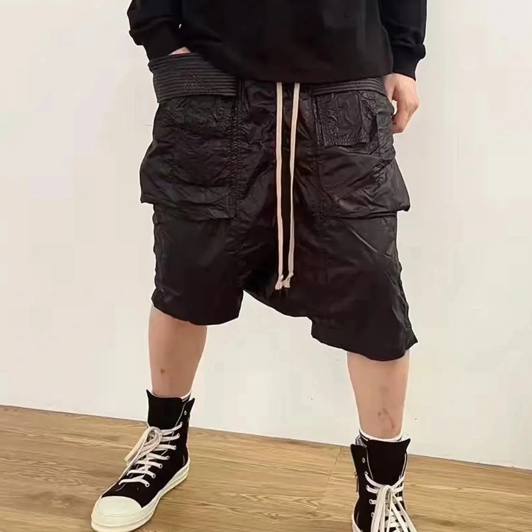NIGO-Calça masculina retrô com cordão, shorts pretos finos, roupa de trabalho High Street nigo8794, primavera e verão