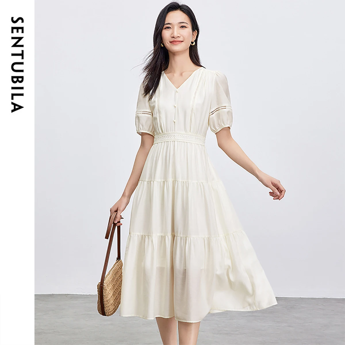 

SENTUBILA V Neck Womens Dresses 2025 Spring Summer Elegant A-line Puff Sleeve Hollow Waist Folds Cake Long Dress 152L87929