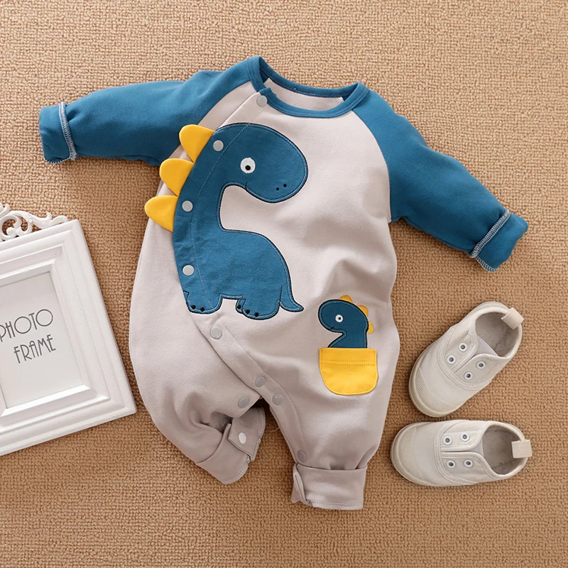 Spring And Autumn Boys And Girls Cute Cartoon Dinosaur 3d Printing Cotton Comfortable Long Sleeve Baby Bodysuit