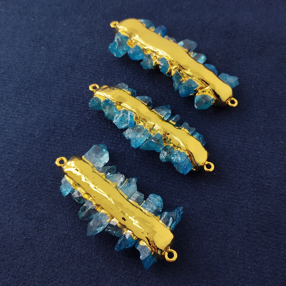 5 PCS 45-54mm Blue quartz columnar  rough Druzy Double Bails gold plated Charm Connector For Jewelry DIY