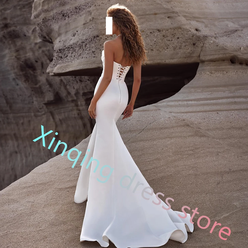 Simple Mermaid Floor Length Strapless Wedding Dress Classic Jersey Sleeveless White Sweep Train Pleats Lace Up Back Bridal Gowns