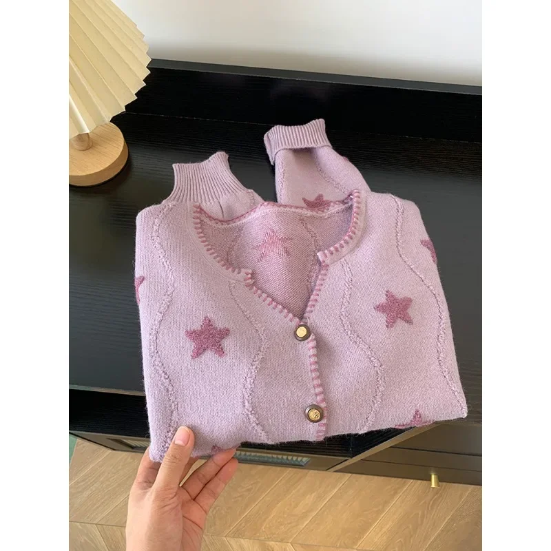 

French Pentagram Jacquard Sweater Women Spring Autumn V-neck knitted Top Elegant Single Breasted Long Sleeved Loose Soft