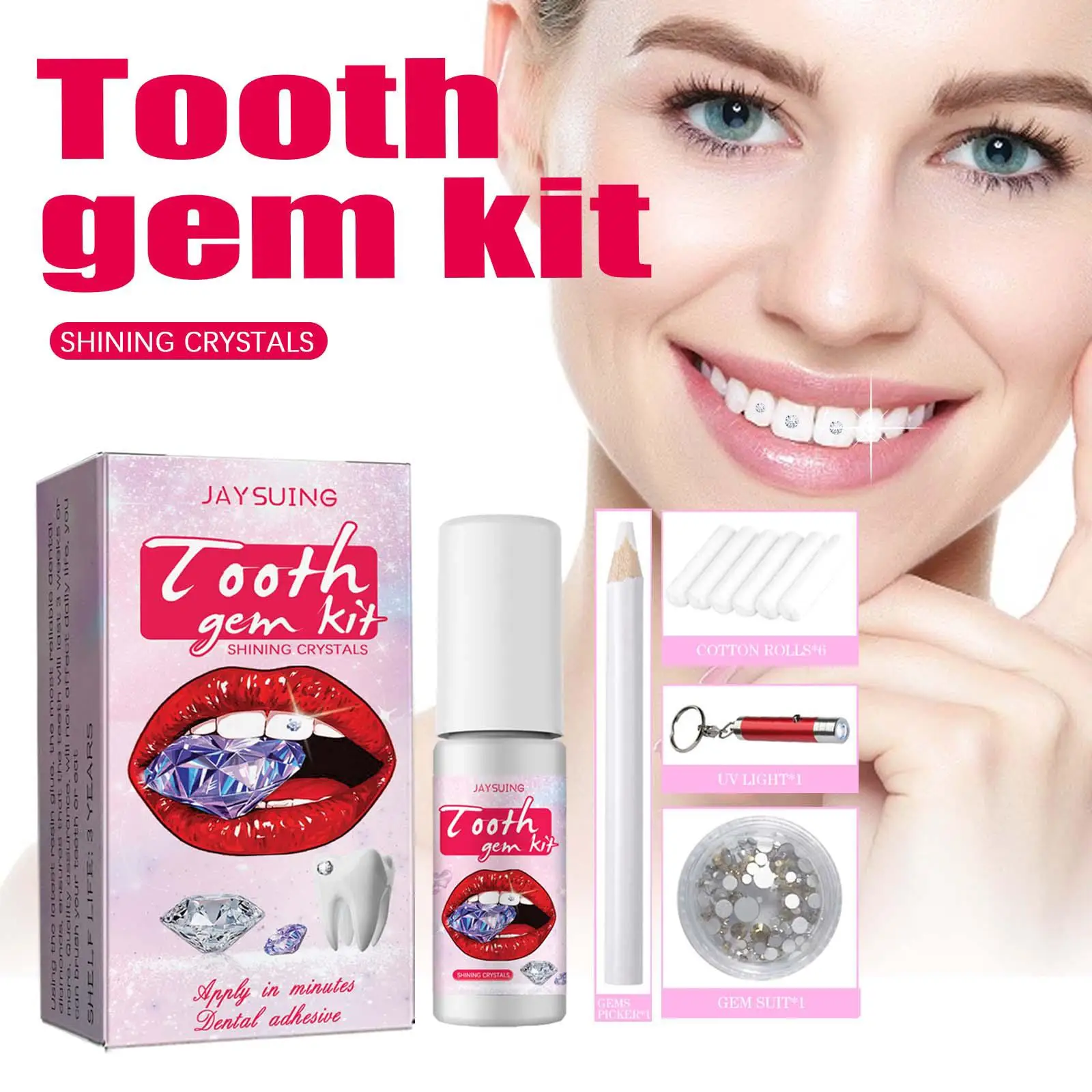 Tooth Gem Set White Rhinestone DIY Dental Jewelry Beautiful Easy To Remove Install Sturdy Gems With Curing Light And Glue