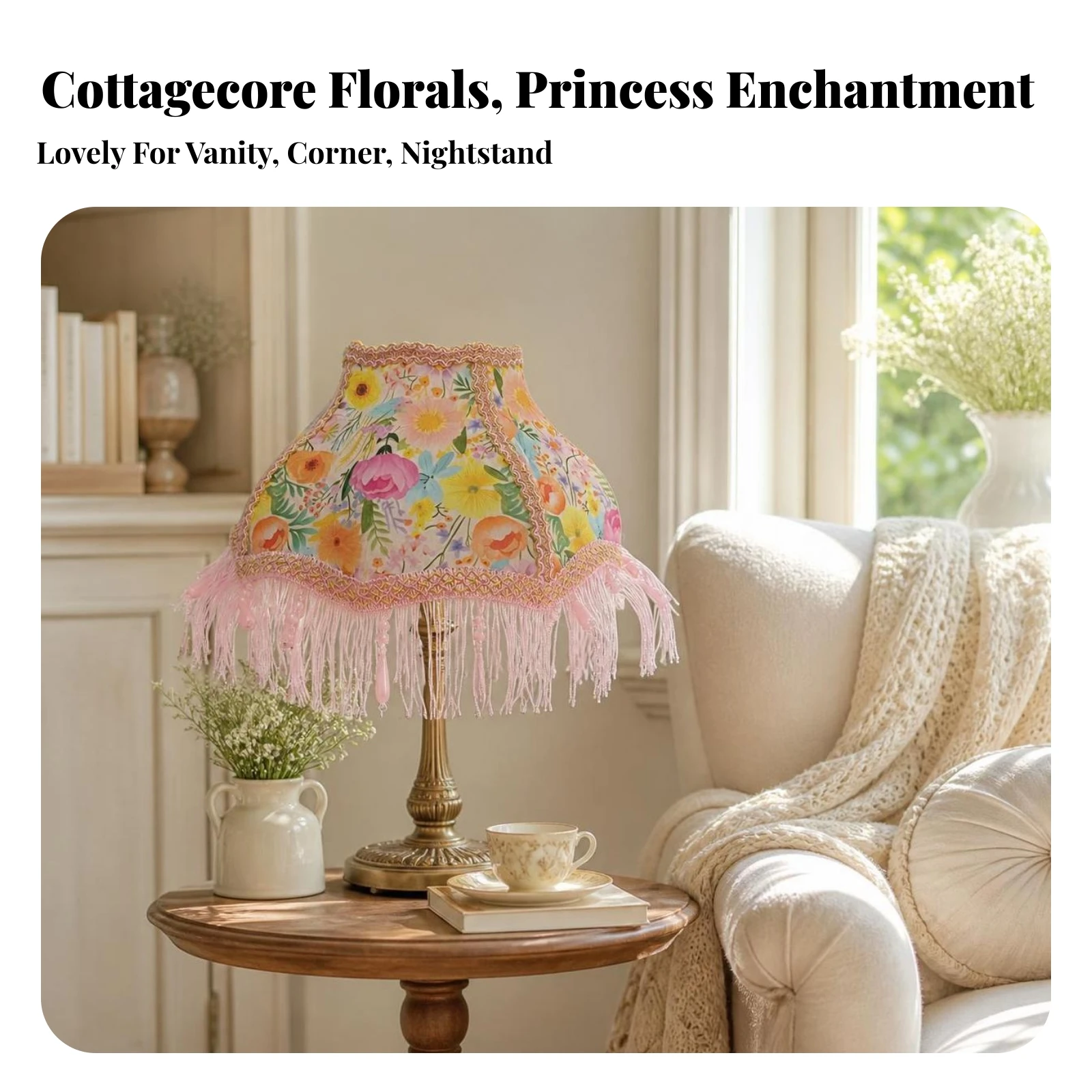 E27 Lamp Shade with Tassels Princess-Style Lamp Shade with Beaded Tassels Floral Lampshade with Beads Elegant Lighting Ornate