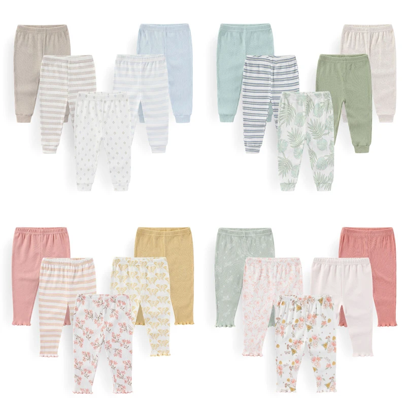 4/5Pieces Print Newborn Baby Girl Pants 0-12M Cotton Baby Boy Trousers Solid Color Autumn Spring Cartoon Bebes