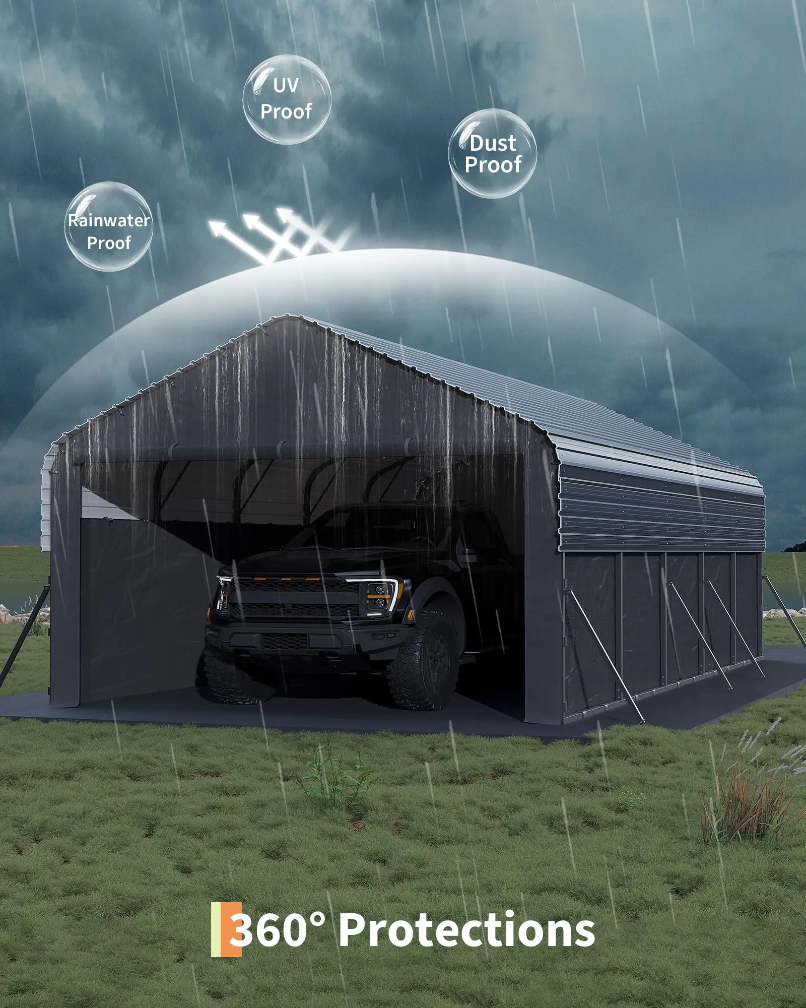 Metal Carport 12x24x9 ft Enclosed Heavy Duty Steel Frame and 220g Tarp All Weather Shelter for Pickup Trucks Boats and Tractors Outdoor Storage Garage Parking Shade Structure Vehicle Protection