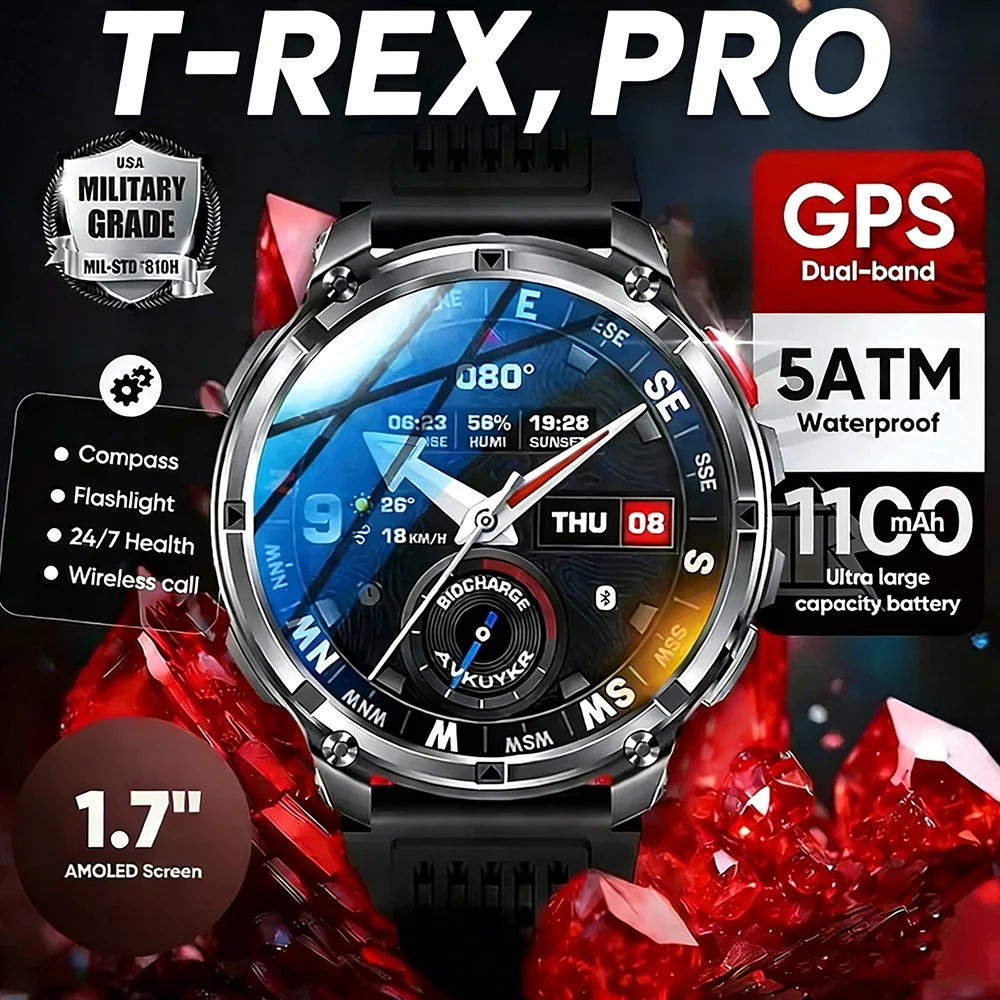 2026 New T-Rex3 Pro 1100mAh Battery Smart Watch GPS Path 5ATM Waterproof Sports Run Tracker Outdoors Compass Military Smartwatch