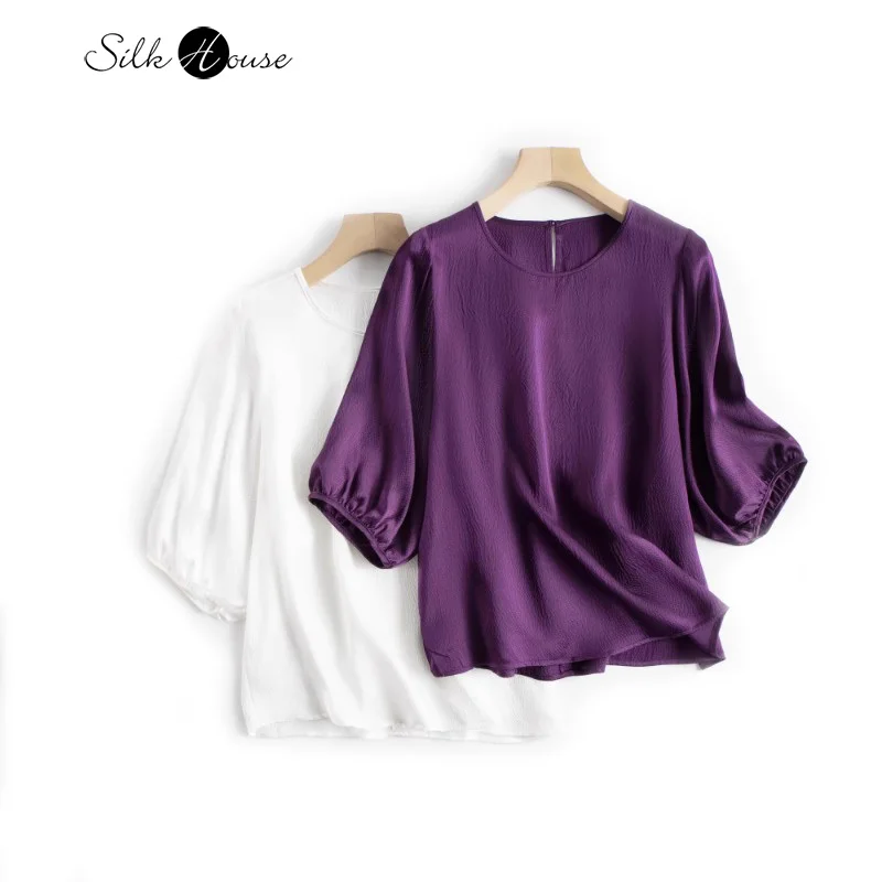 Light Luxury Temperament High-end Feeling Lantern Sleeves 100% Natural Mulberry Silk Pearl Satin Round Neck Versatile T-shirt