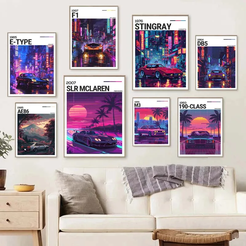 1pc frameless Canvas Painting Neon Sports Car AE86 M3 F40 Skyline E-type Famous Cars Poster Street Cars Canvas Painting Wall Art