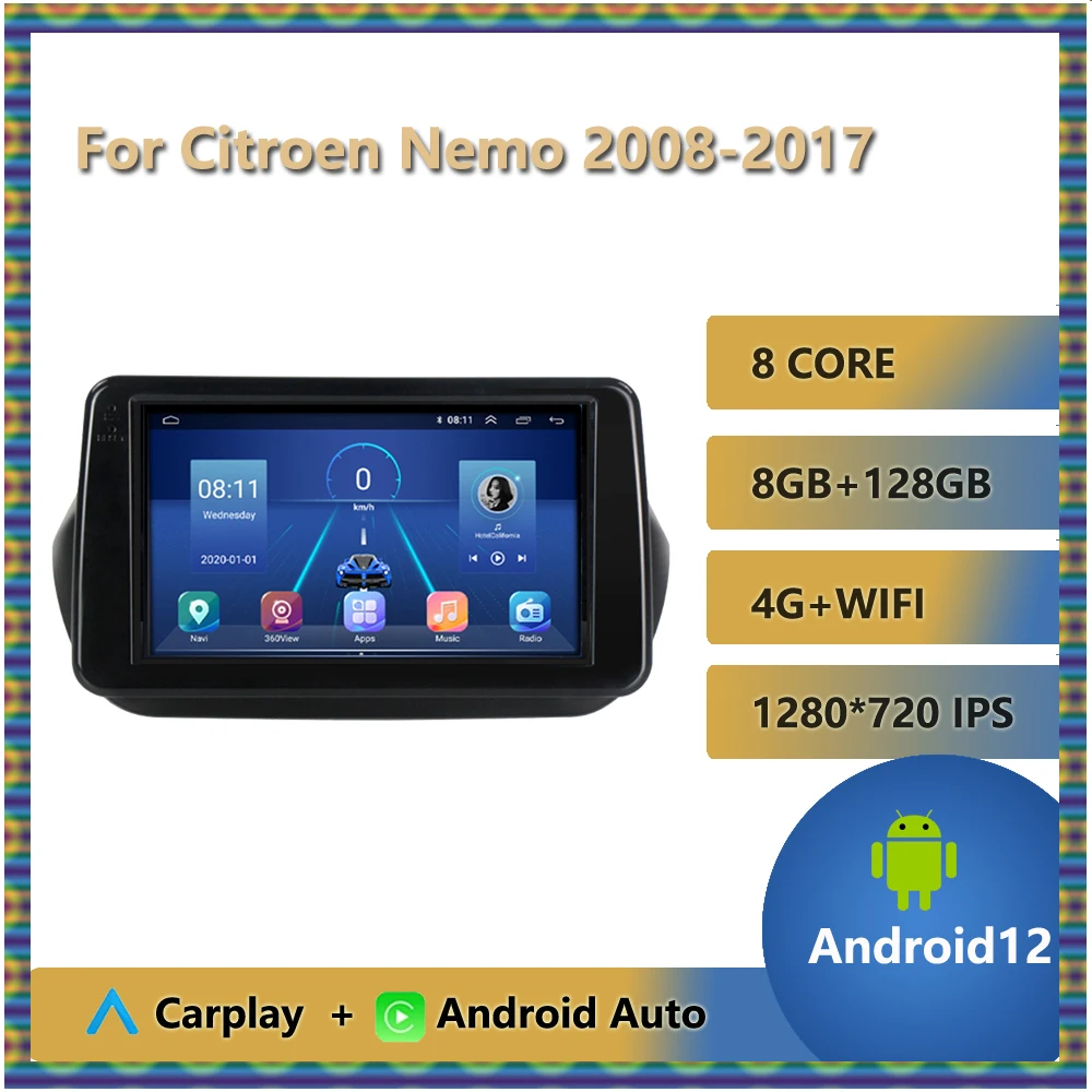 

9" IPS Android 12 For Citroen Nemo 2008 - 2017 Car Radio Multimedia Video Player Head Unit GPS Navigation Bluetooth SWC WIFI USB