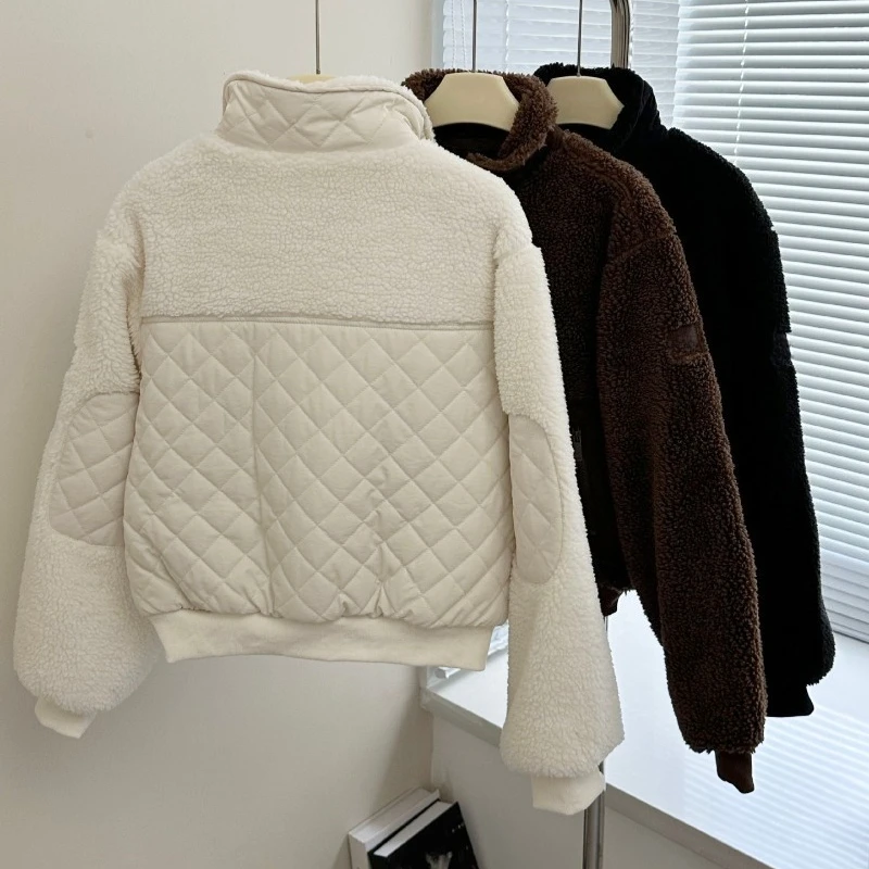 Solid Color All-match Casual Collar Zipper Jacket Winter New Women Warm Coat Design Patchwork Diamond Pocket Thickened Jacket
