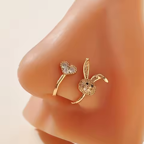 2PCs/Set Gold Silver Color Cartoon Rabbit Heart Fake Nose Ring Fashion Hollow Butterfly Heart U-shaped Nose Clip Body Jewelry