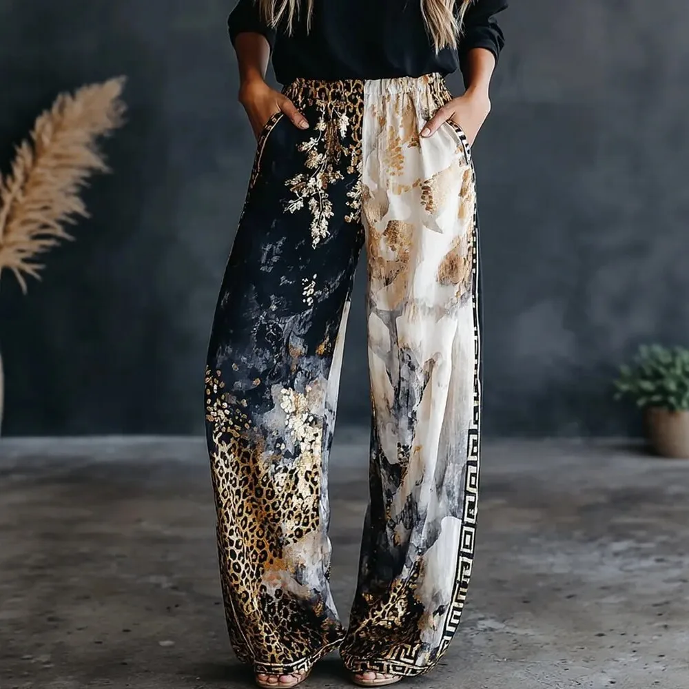 Women Color Block Leopard Print Wide Leg Pants Elastic High Waist Loose Palazzo Trousers Vintage Contrast Pattern Casual Pants