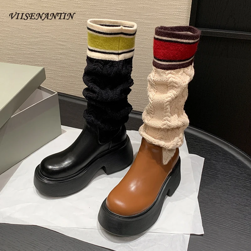 

New Fashion Round Toe Thick Soled Knitted Patchwork Sock Boots Genuine Leather Slip on Waterproof Knee High Boots Autumn Winter