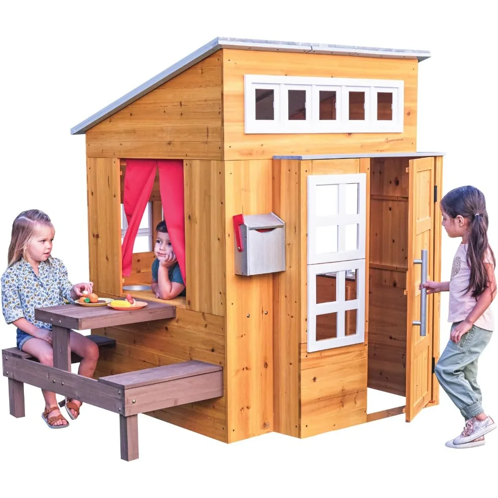 

Modern Wooden Playhouse Outdoor for Kids with Picnic Table, Mailbox, and Grill, Suitable for Ages 3 and Up