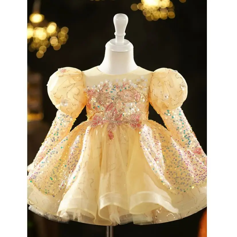 

High-End Children's Catwalk Evening Gown Sequin Puff Sleeve Design Wedding Birthday Baptism Eid Party Girls Dress Vestidos A3170