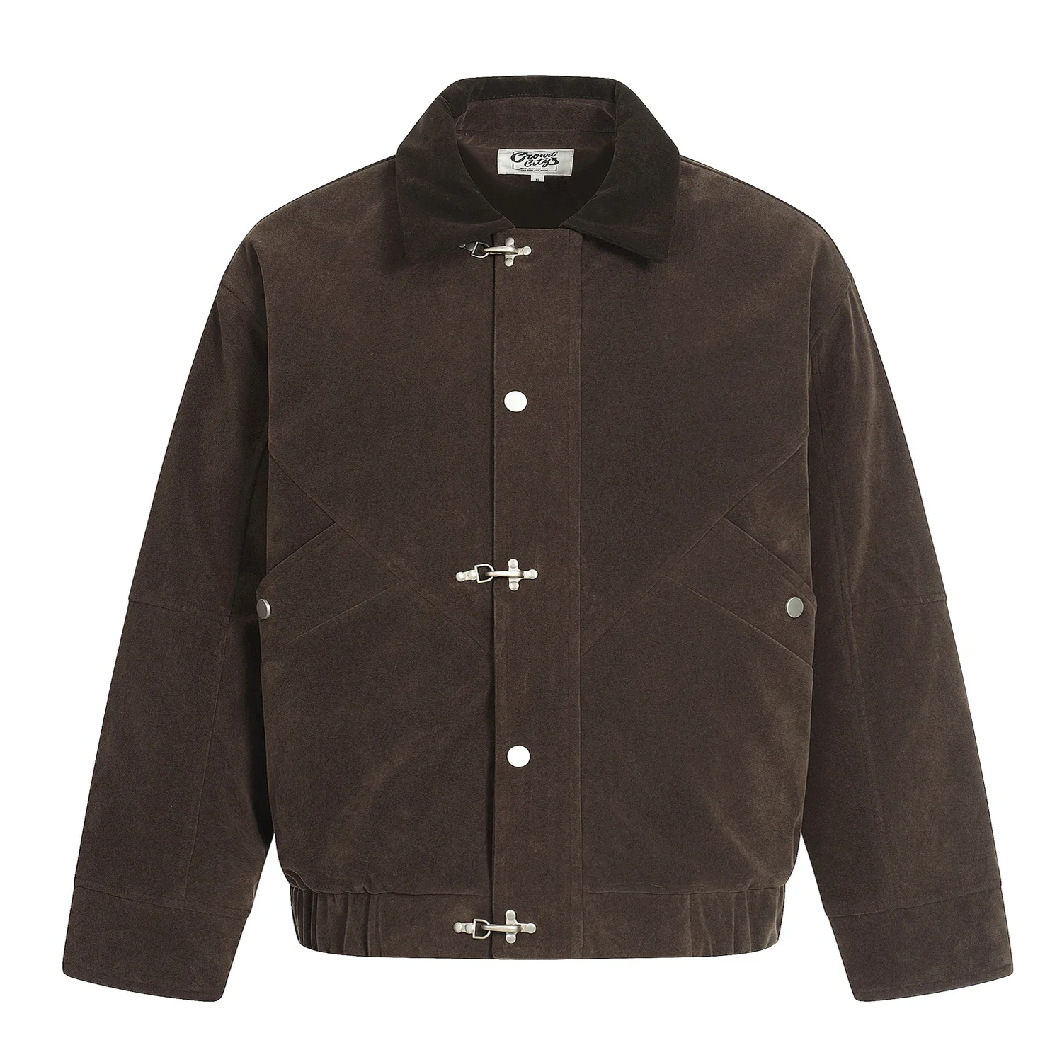 

Winter Mahogany Brown Retro Deconstructed Patchwork Buckle Detail Utility Cotton Jacket - Unisex Loose Fit Suede Outerwear Coats