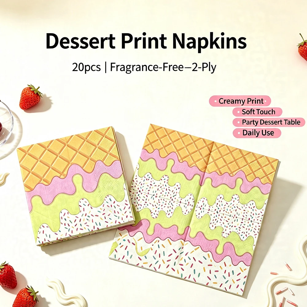 20Pcs Summer Ice Cream Print Paper Napkins Waffle Sprinkle Wave Edge Disposable Tissue Kids Birthday Party Table Decor