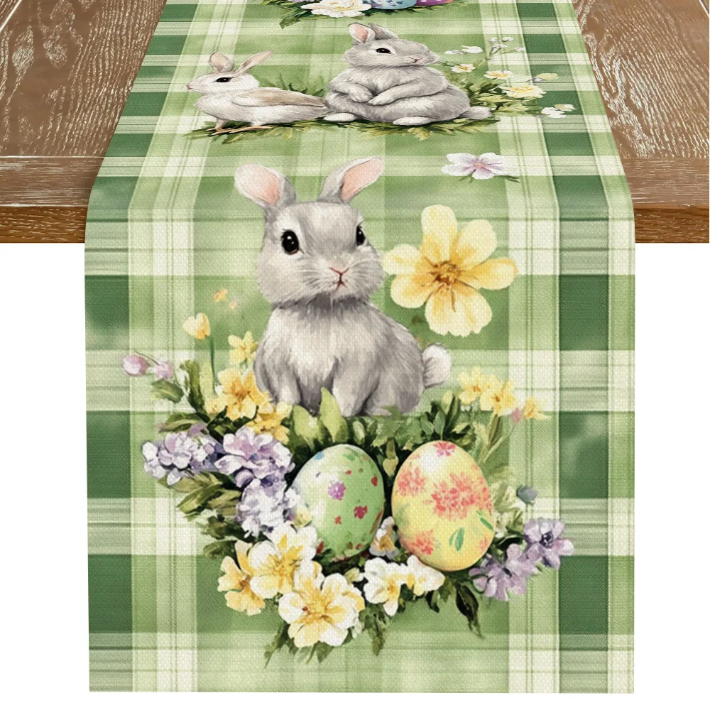 1 Stück Oster-Tischläufer aus Leinen mit 2D-Druck - Grünes Karomuster mit Hasen & Blumen-Eiern Tischdekoration für Küche Wohnzimmer, Festliche Dekoration
