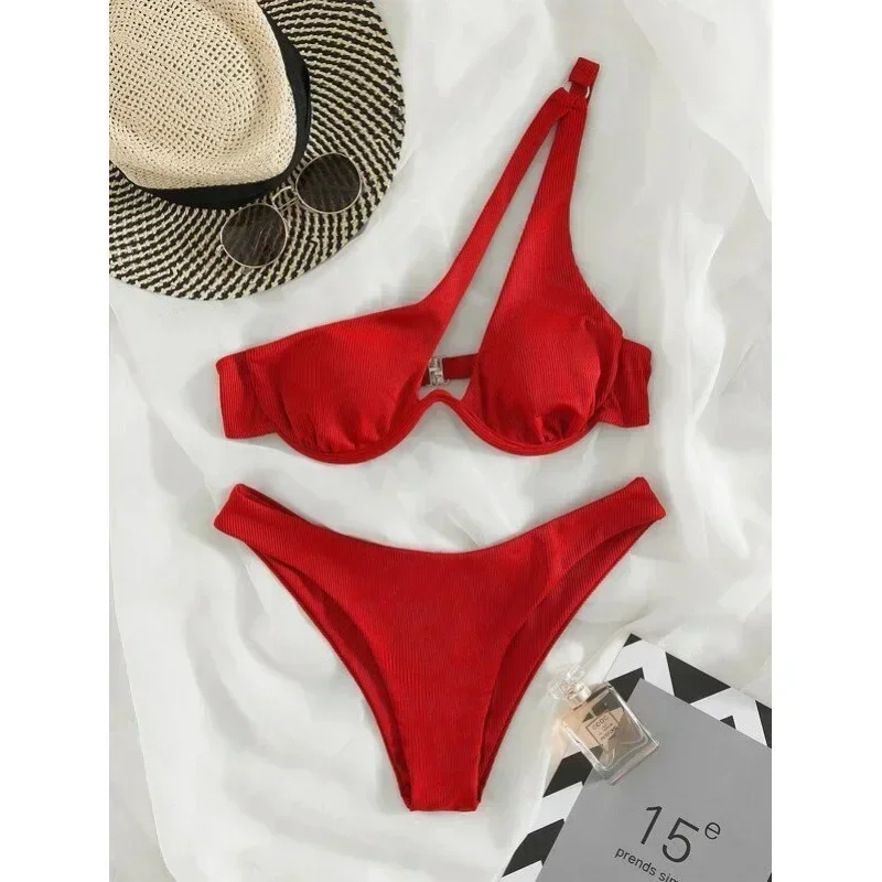 Solide Eine Schulter Cut Out Bikini Weiblichen Badeanzug Frauen Bademode Zwei-stück Bikini set Badende Badeanzug Schwimmen