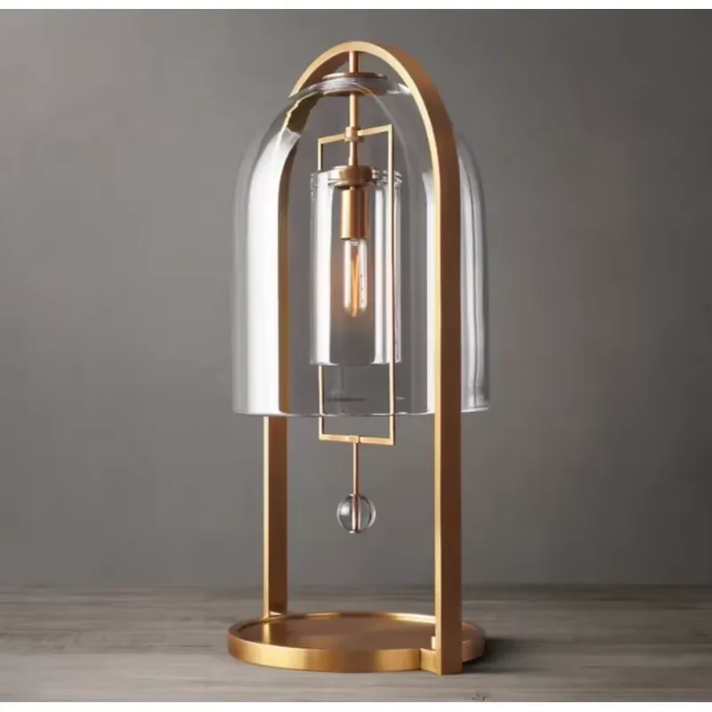 Modern American Table Lamp Brass Metal Frame Double Layer Glass Shade Custom Villa Bedside Night Table Lamp For Bedroom